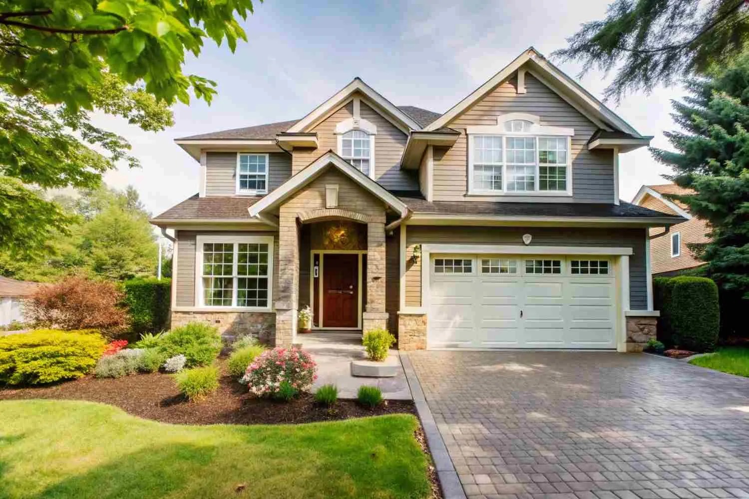Two-story family house with a stone entry, garage and landscaped front yard